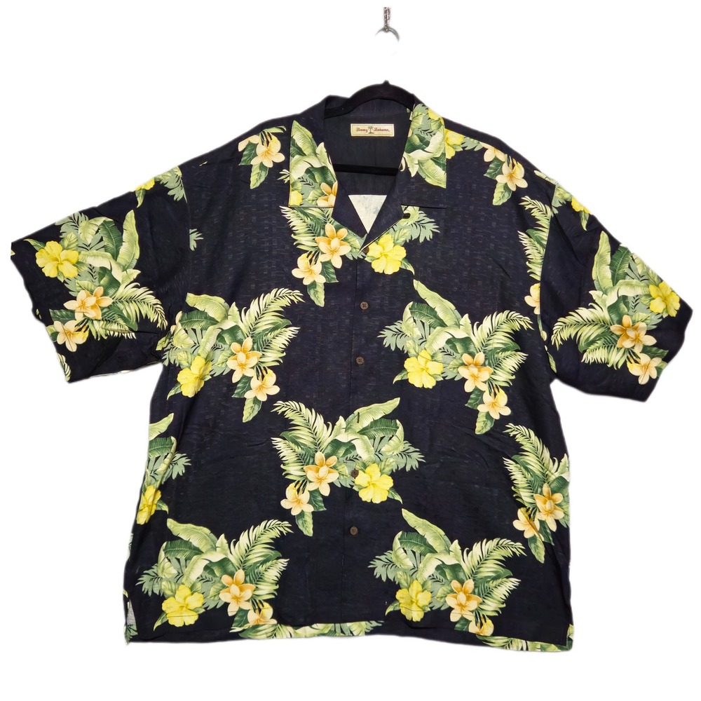 Tommy Bahama Shirt Mens XXL Black Silk Tropical Floral Plumeria Palm Button Up